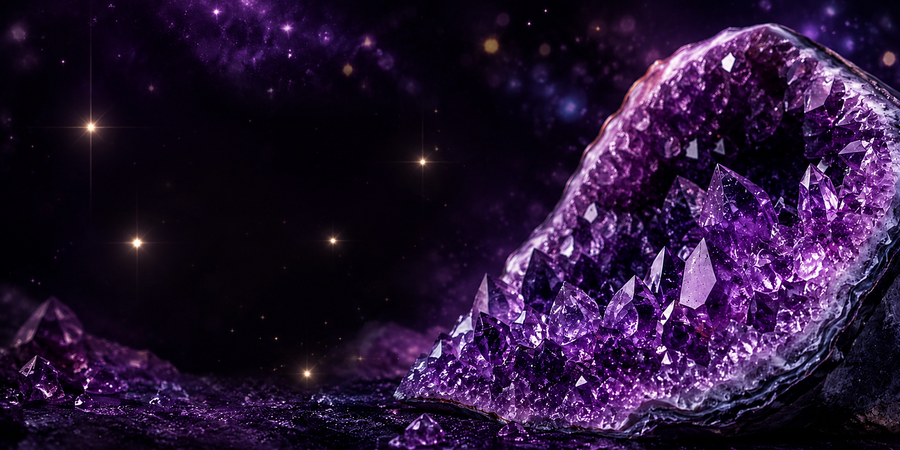Purple amethyst under a starry sky – crystals for intuition and spiritual connection