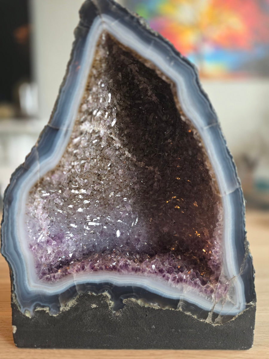 Tricolour amethyst cathedral geode 14.4kg, 36cm tall, from Brazil – front view with blue agate frame