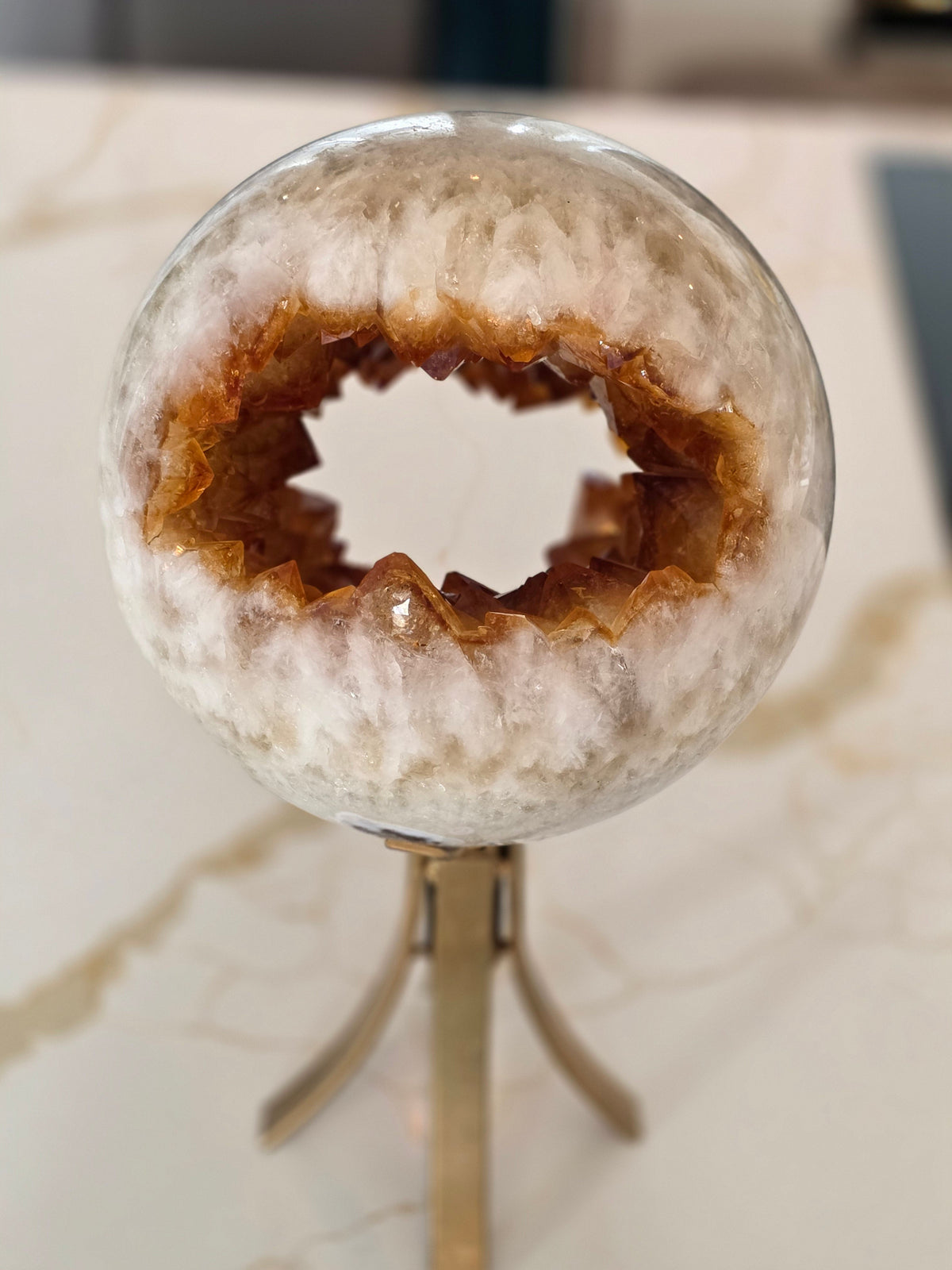 Collector-grade citrine geode sphere with crystal cavern