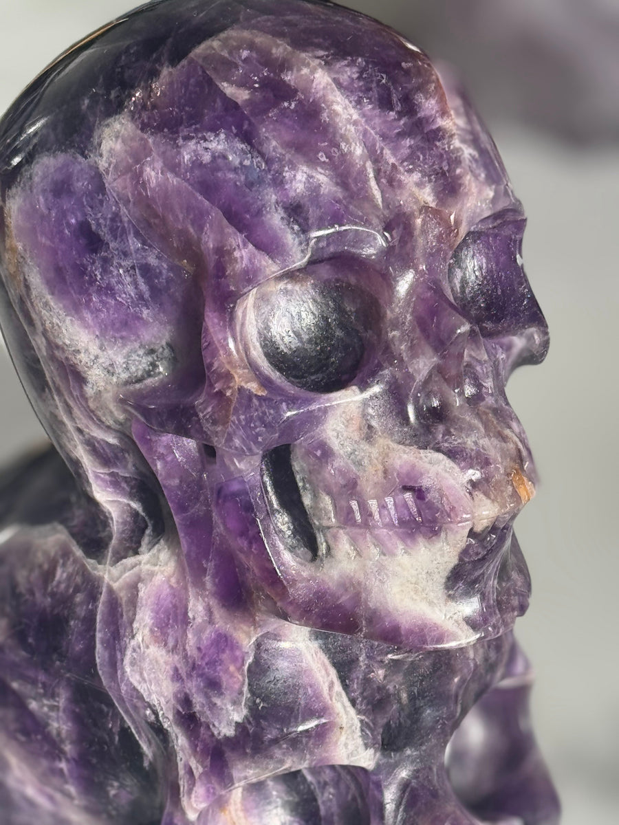 Hand-carved banded amethyst crystal skull from Brazil