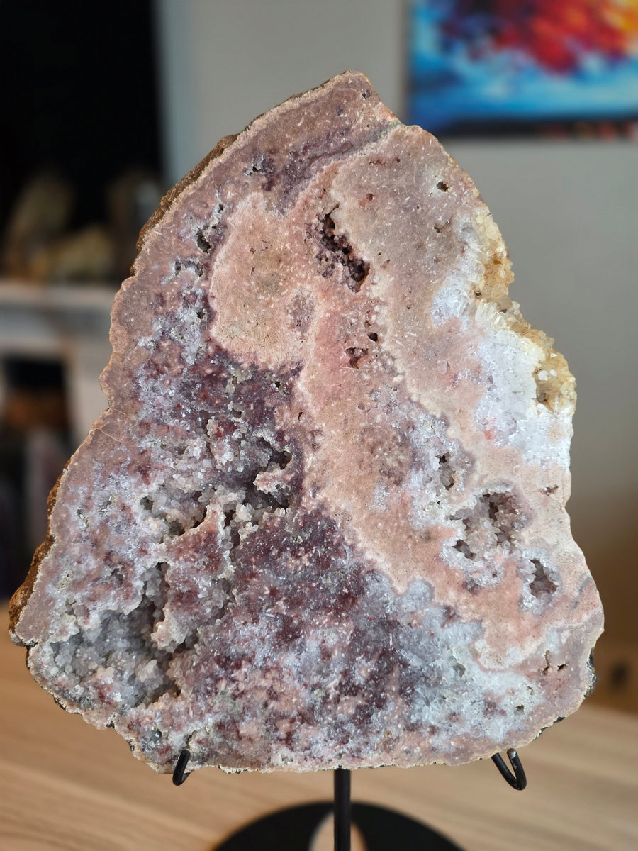 Large pink amethyst slab on black stand, 43cm, 11.4kg, from Brazil – front view