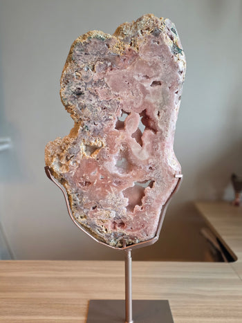 Large pink amethyst slab on metal stand, 83cm tall, 12.7kg, from Brazil – front view
