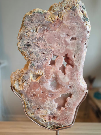 Pink amethyst slab with see-through crystal windows and rose-pink chalcedony swirls
