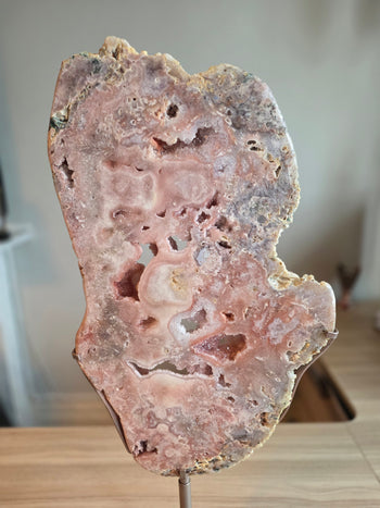 Large pink amethyst slab on metal stand, 83cm tall, 12.7kg, from Brazil – polished face with crystal windows