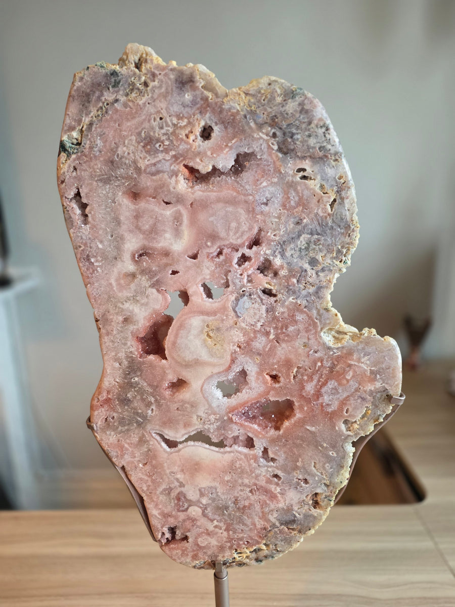 Large pink amethyst slab on metal stand, 83cm tall, 12.7kg, from Brazil – polished face with crystal windows