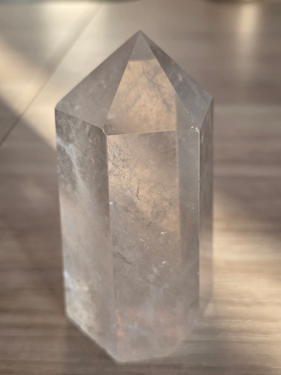 Chunky clear quartz tower 8.5cm from Brazil, polished crystal point, front view