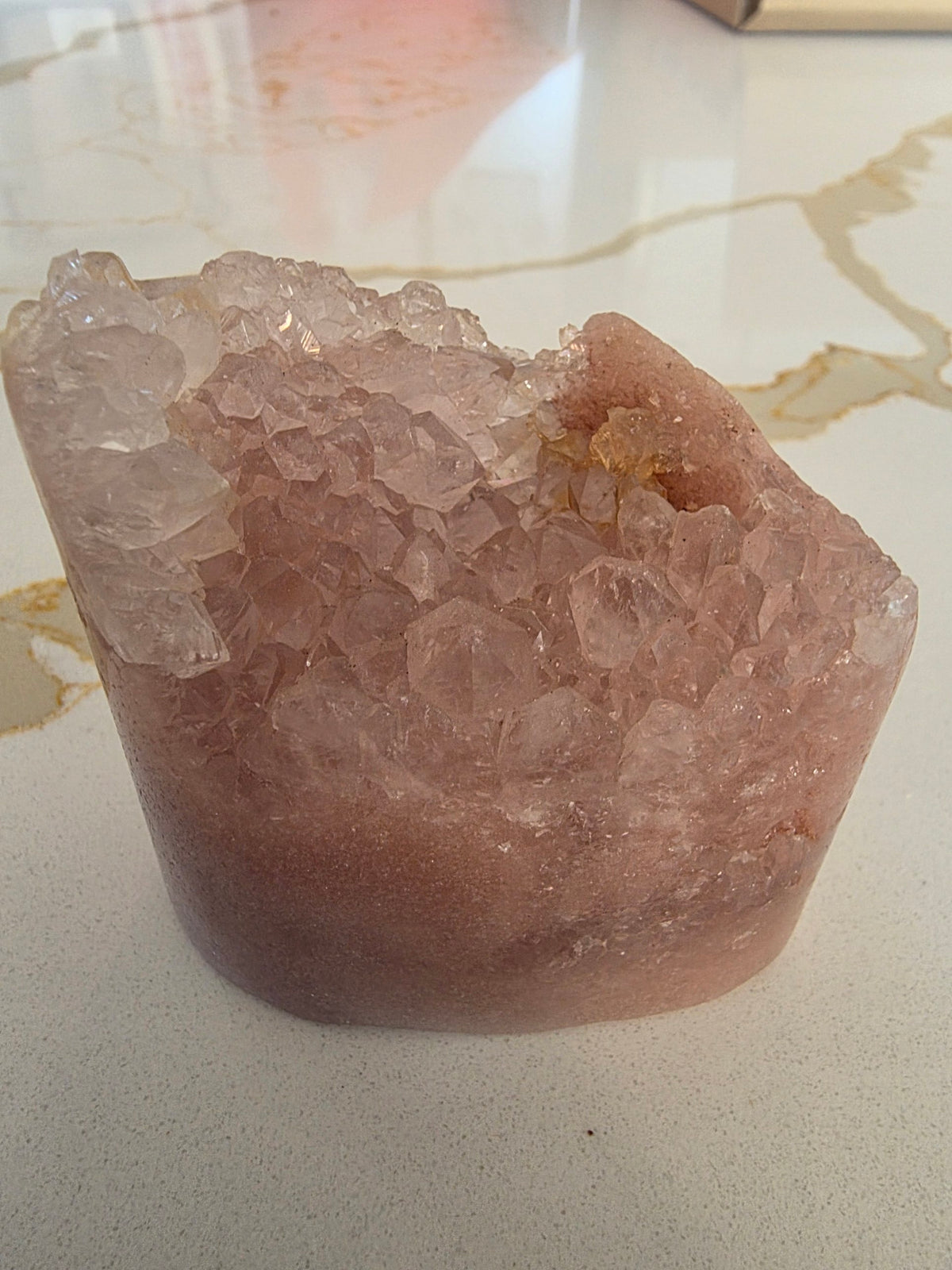Pink amethyst cut-base geode 317g from Brazil with sparkling crystal cavity, front view