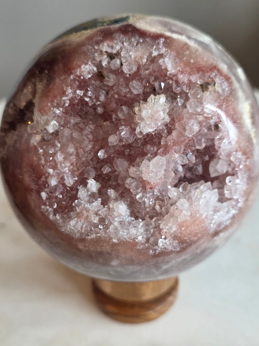Pink amethyst geode sphere 1.1kg, 9.5cm, from Brazil – front view of sparkling druzy cavity