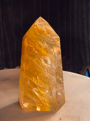 Golden healer quartz tower from Brazil showing honey-gold iron veils glowing in the light