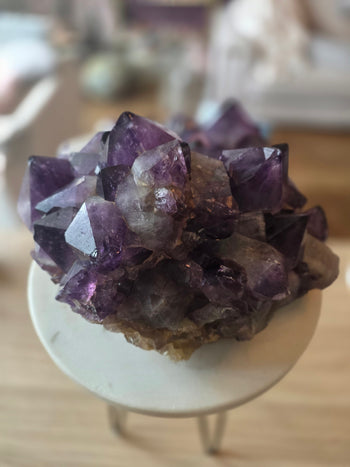 Detail of glassy violet and plum crystals on a natural Congo amethyst cluster