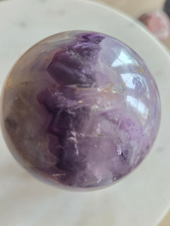 Close-up of purple fluorite phantoms and stepped cube patterns