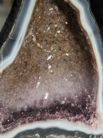 Tricolour amethyst cathedral geode with smoky, lavender and purple crystal layers