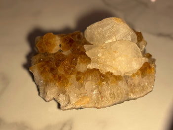 Citrine cluster with calcite 1.99kg, low angle view