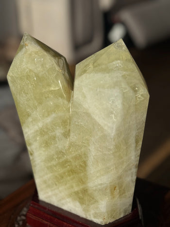 Large citrine tower 5.6kg showing natural growth lines, angled view