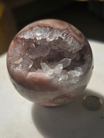 Natural pink amethyst druzy sphere 1111g, polished crystal ball, side view