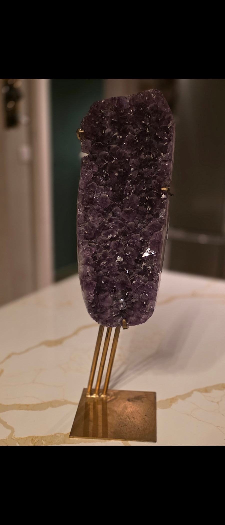 Brazilian amethyst cluster on gold stand with micro white crystal tips