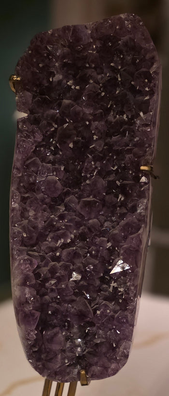 Brazilian amethyst cluster on gold stand with micro white crystal tips – view 2