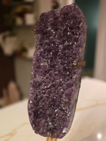 Brazilian amethyst cluster on gold stand with micro white crystal tips – view 4
