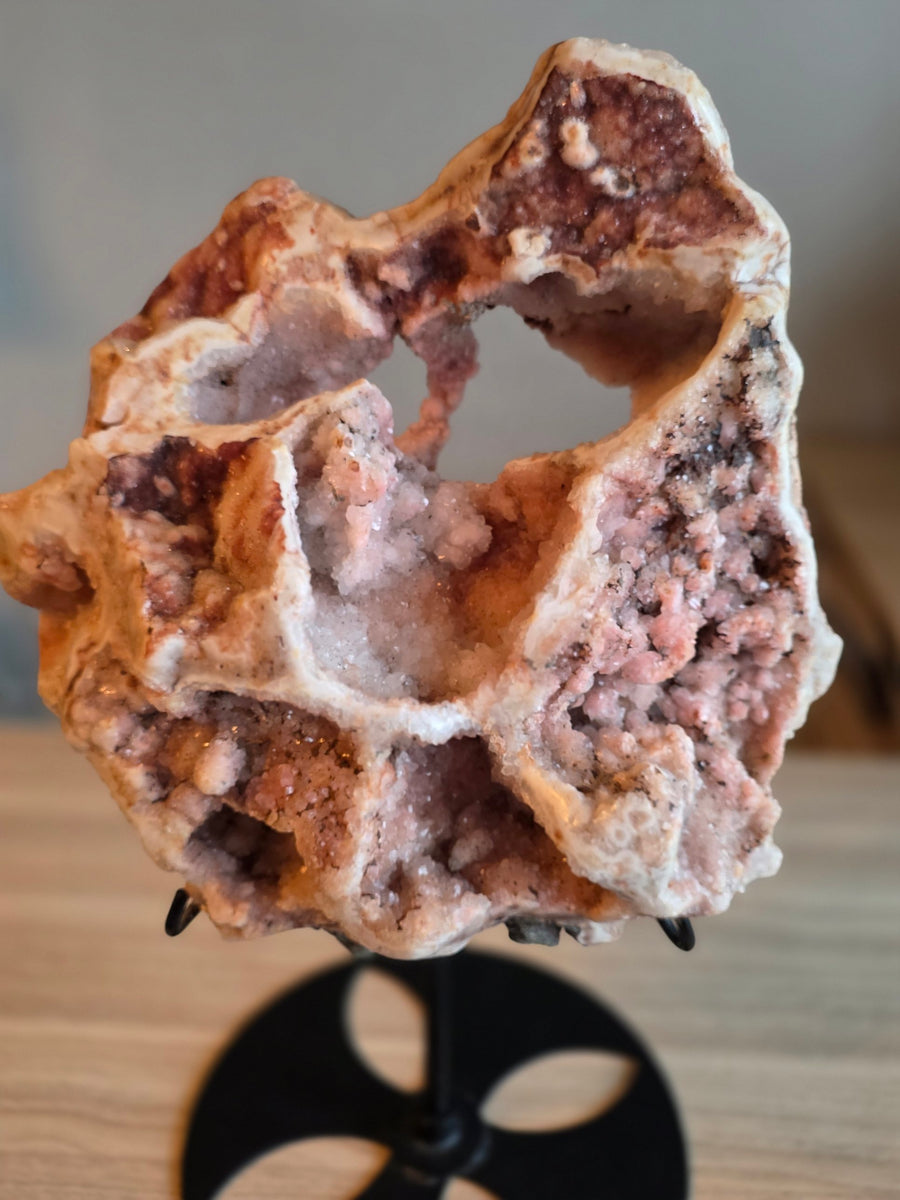Large pink amethyst geode 13kg on black metal stand, 40cm, from Brazil – front view