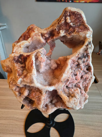 Full view of 13kg pink amethyst geode with crystal window on display stand